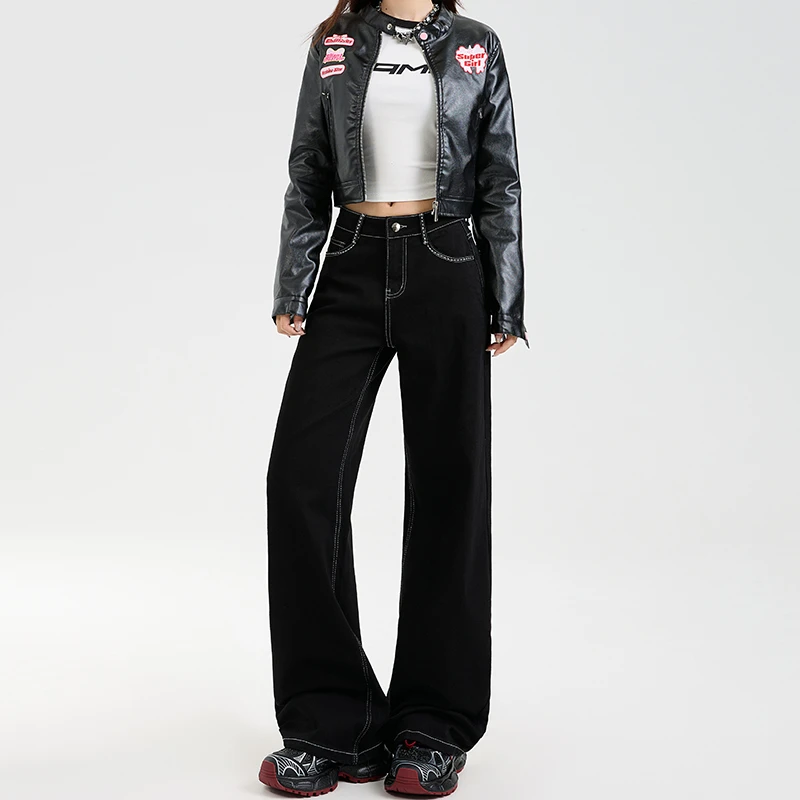 2025秋季新款弹力高腰黑色牛仔裤不掉色宽松直筒显瘦显高阔腿裤女