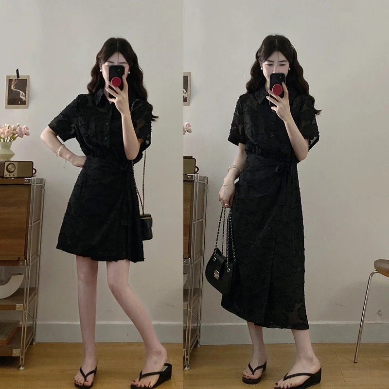 MO88ZSPF大码夏季衬衫领连衣裙休闲风长短款气质显瘦法式连衣裙