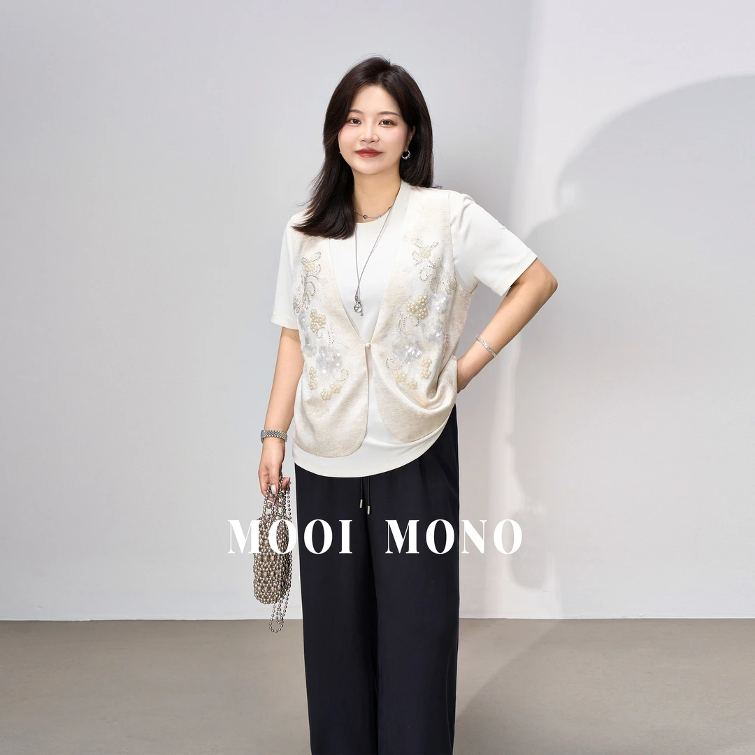 MOOI MONO"静澜" 显瘦遮肉圆领马甲绣花短袖T恤假两件 T686Z52