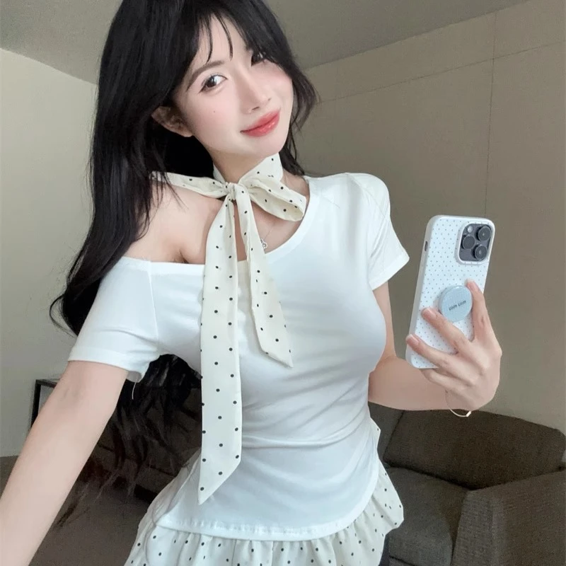 假两件荷叶边斜肩波点短袖t恤女夏季纯欲辣妹一字肩飘带挂脖上衣