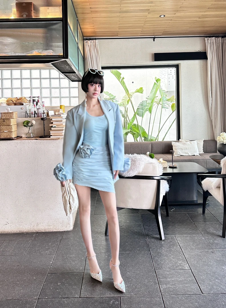 2025初春原创MyloveLeo‘玫瑰日记’修身蓝色气质套装(衣长77）