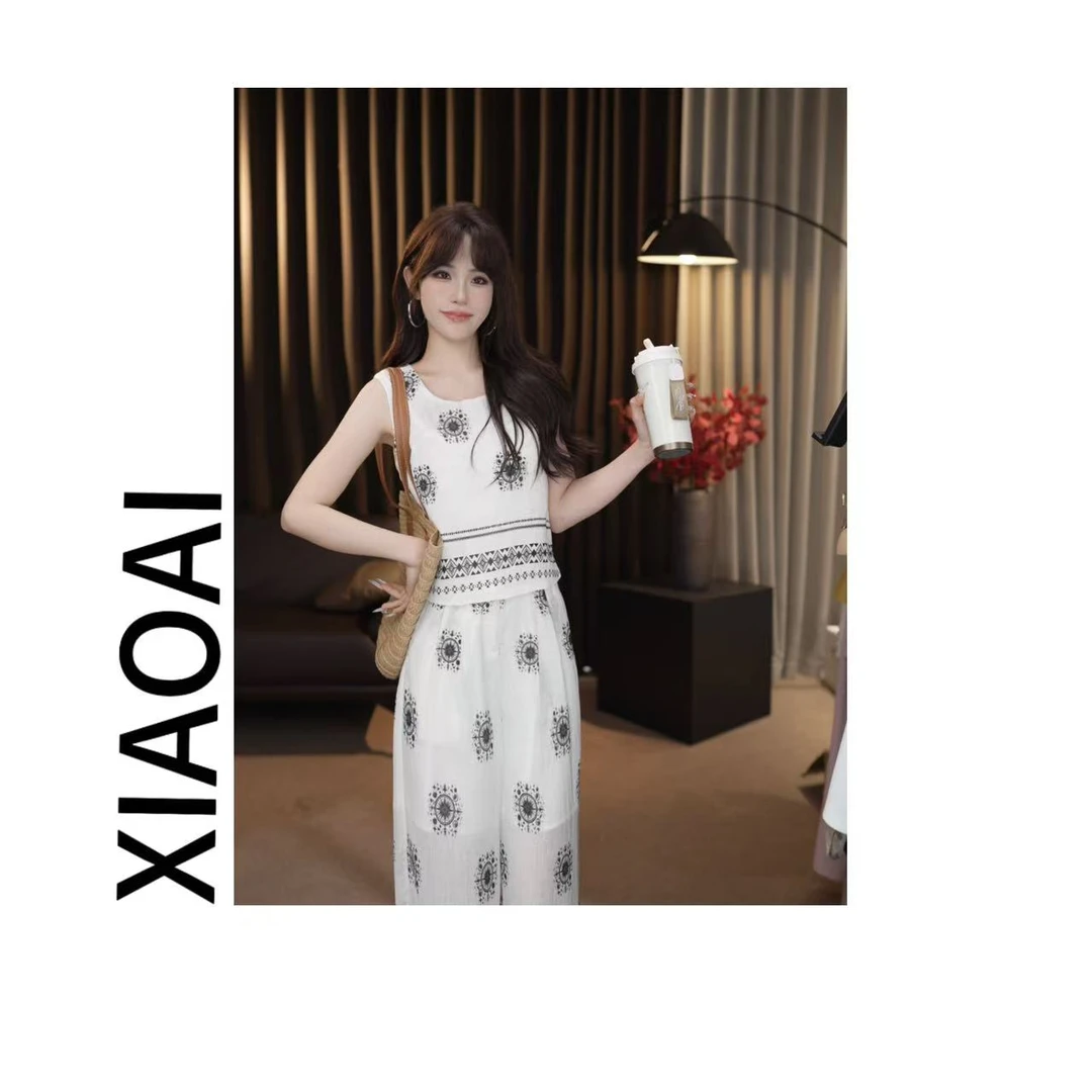 新款2025高级气质显瘦花边无袖马甲+直筒裤套装女F085