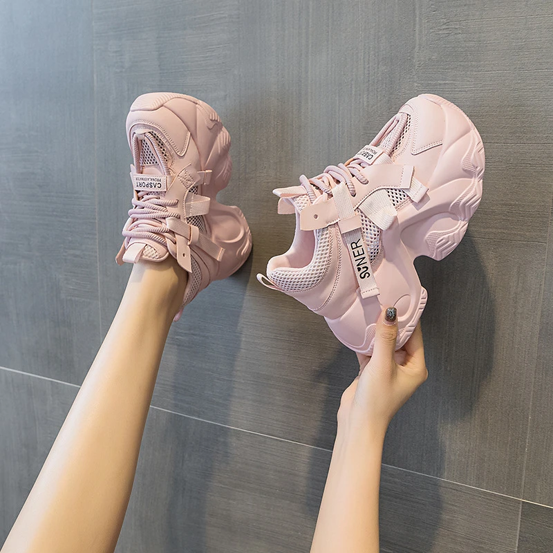 万达撤柜头层牛皮2025春季新款老爹鞋内增高8cm时尚百搭透网女鞋.