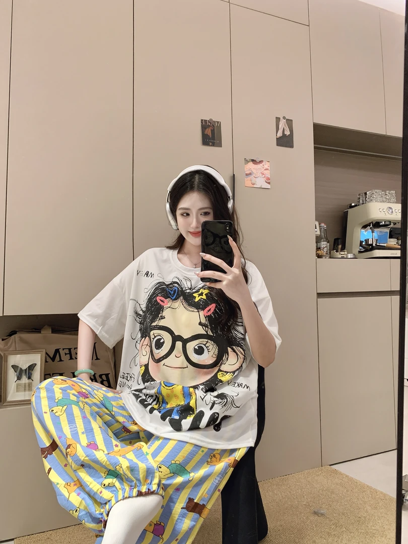 2025夏季睡衣女士云朵棉短袖长裤新款可外穿带胸垫束脚家居服套装