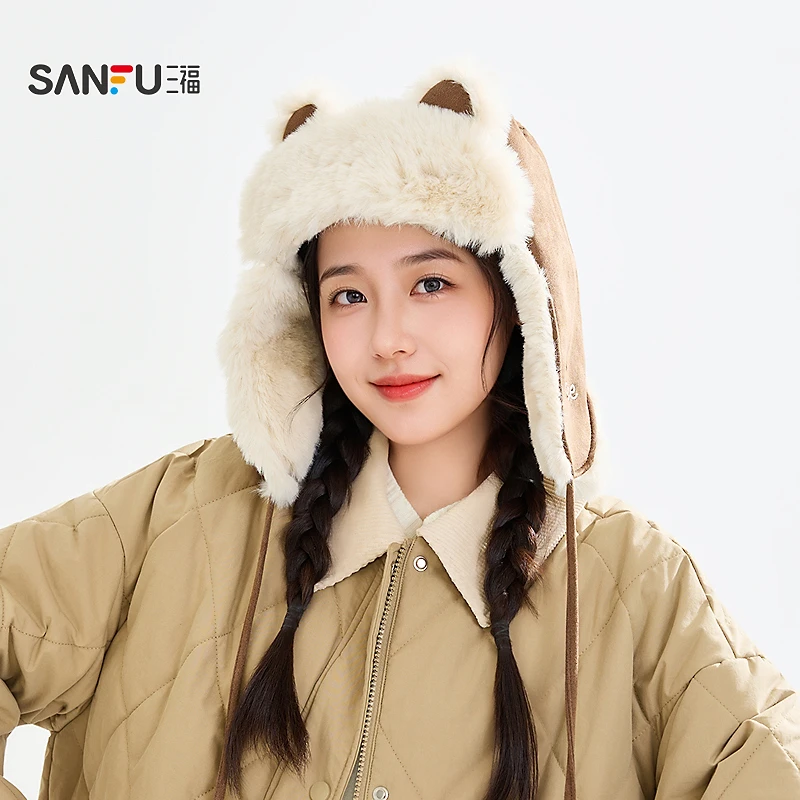 三福套头皮革飞行帽 复古造型骑行保暖服饰配件帽子849914