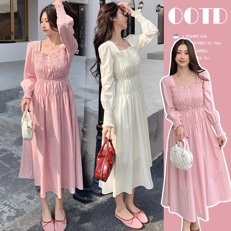 2025早春季新款孕妇褶皱宽松显瘦长袖气质法式长裙