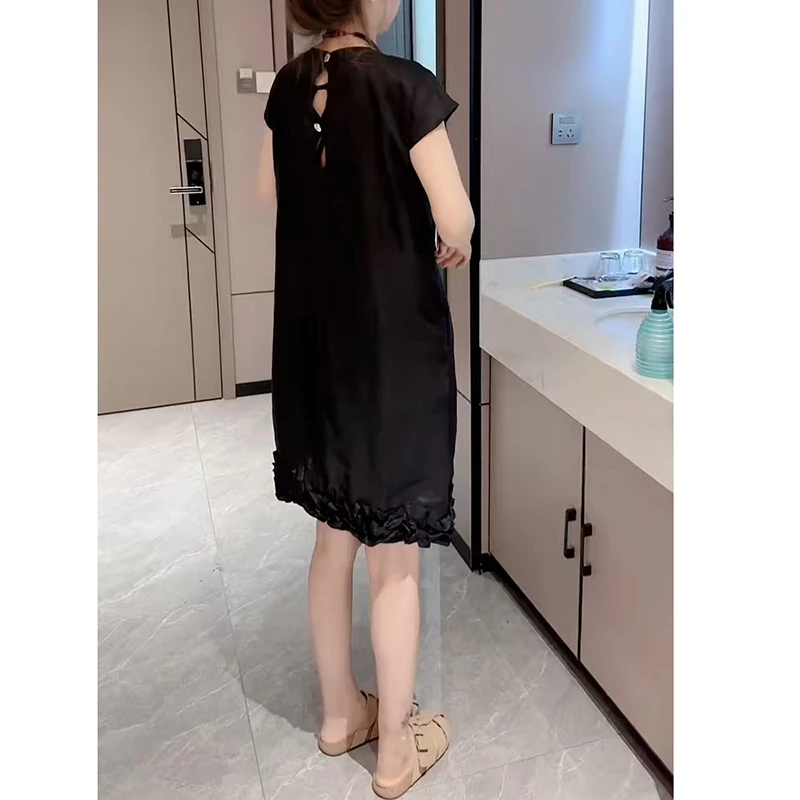 法式木耳边短袖连衣裙女2025夏季新款大码休闲风宽松遮肉中长裙子