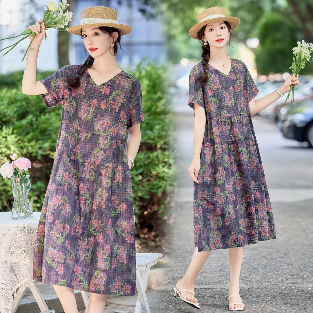 棉麻连衣裙女夏季薄款高级感复古印花大码宽松遮肚子显瘦妈妈裙子