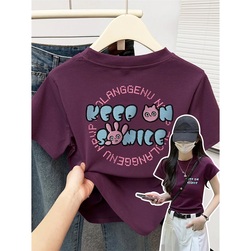 大码女装韩系紫色正肩短袖t恤女弹力修身圆领微胖显瘦夏季上衣潮