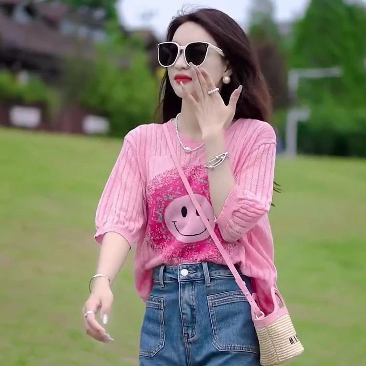 仿冰丝短袖薄款T恤女2025夏新款设计感印花法式高级洋气穿搭上衣