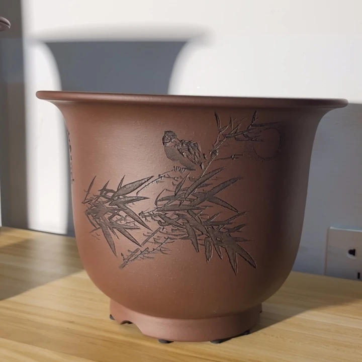 紫砂花盆  全手工天青 清风明月收藏级刻绘金钟