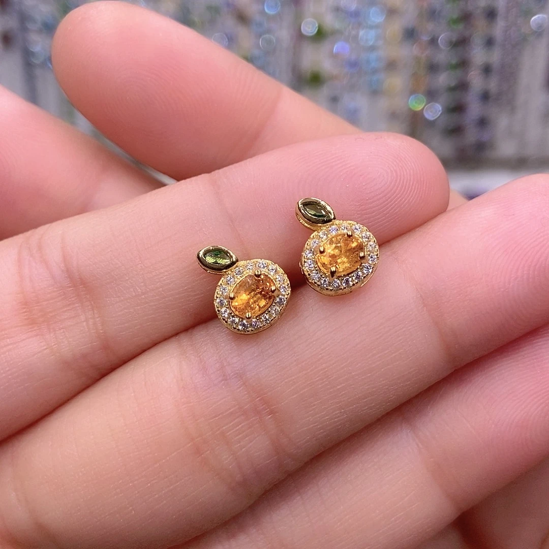 银S925镶嵌石榴石（芬达石）耳饰