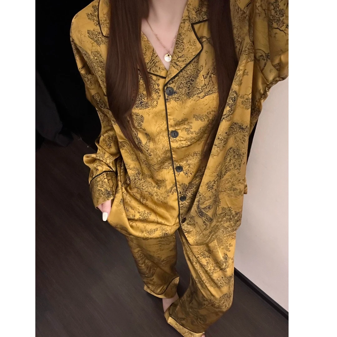 复古小众高级感水墨画风冰丝睡衣女夏季长袖长裤休闲两件套可外穿