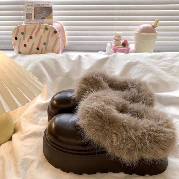 厚底增高防水勃肯鞋包头半拖鞋女外穿2025秋冬新款加绒毛毛棉拖鞋