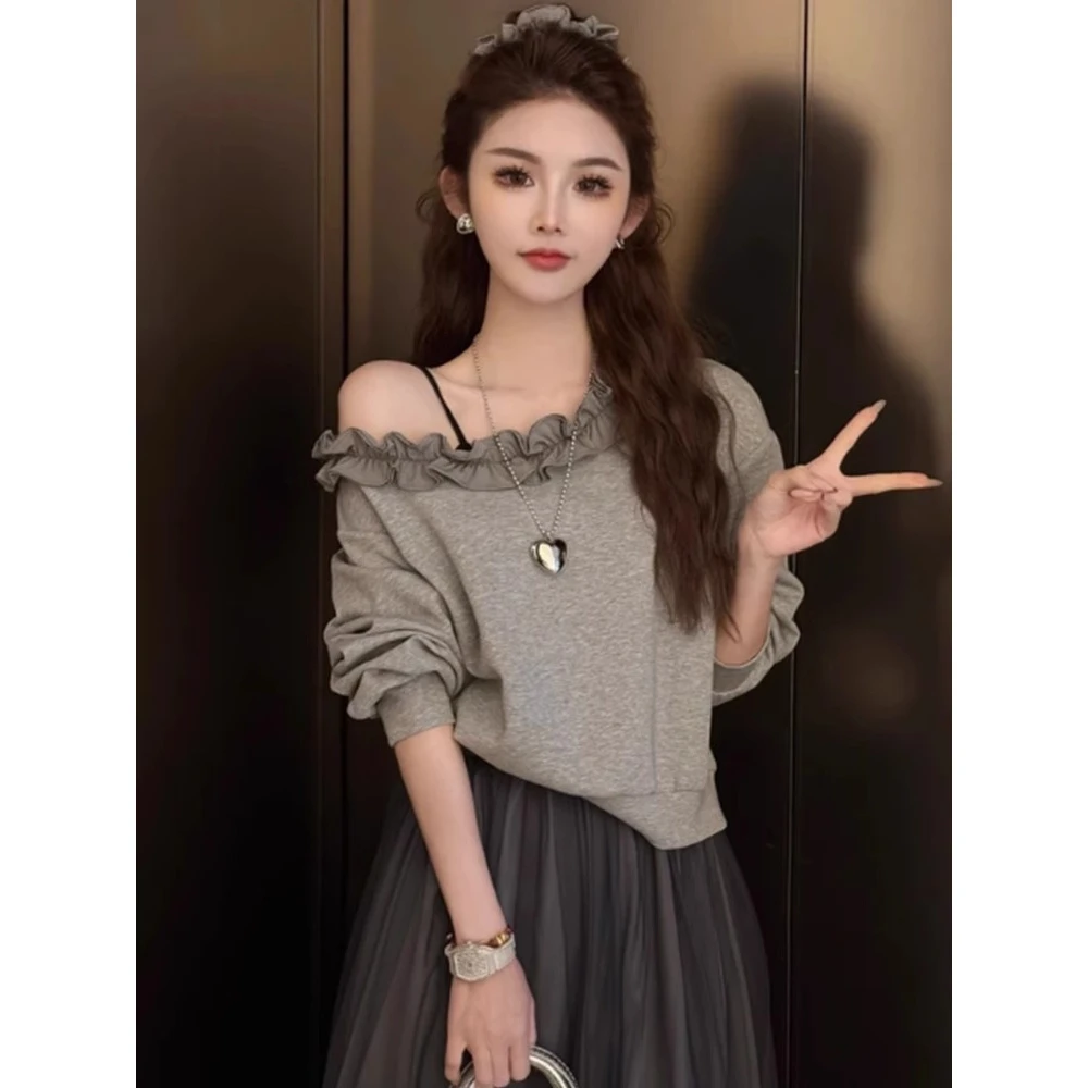 【春夏穿搭】时尚套装女气质百搭斜肩卫衣韩系简约网纱半身裙两件套