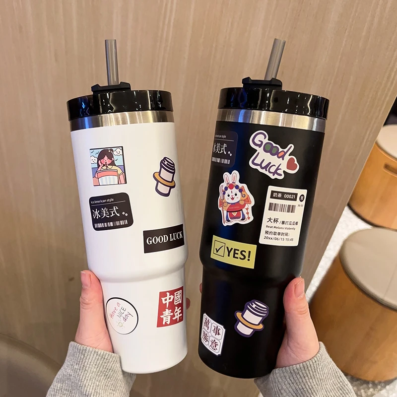 国潮风冰霸杯大容量女生吸管保温杯车载男士不锈钢水杯学生奶茶杯