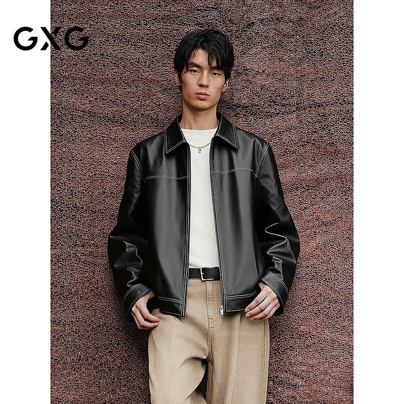 【新品】【牛皮】GXG男装25年秋新款皮衣外套翻领时尚夹克#G25D123001