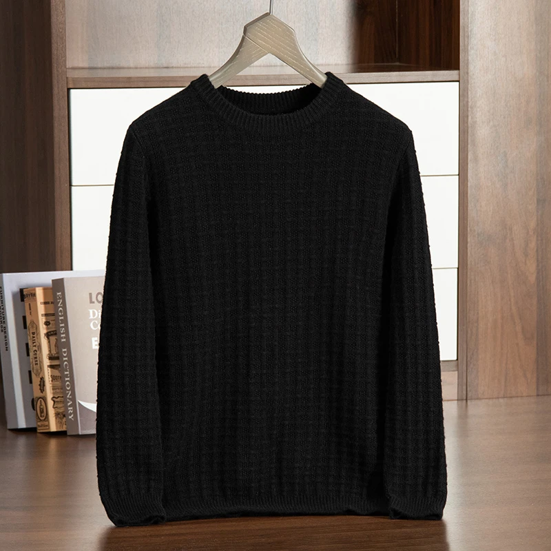 反季特惠】男士纯山羊绒5针圆领三股重磅加厚款针织长袖砖纹套头衫