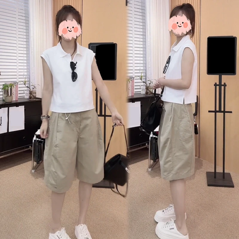 休闲洋气时尚套装女2025夏季新款polo无袖上衣显瘦五分短裤两件套