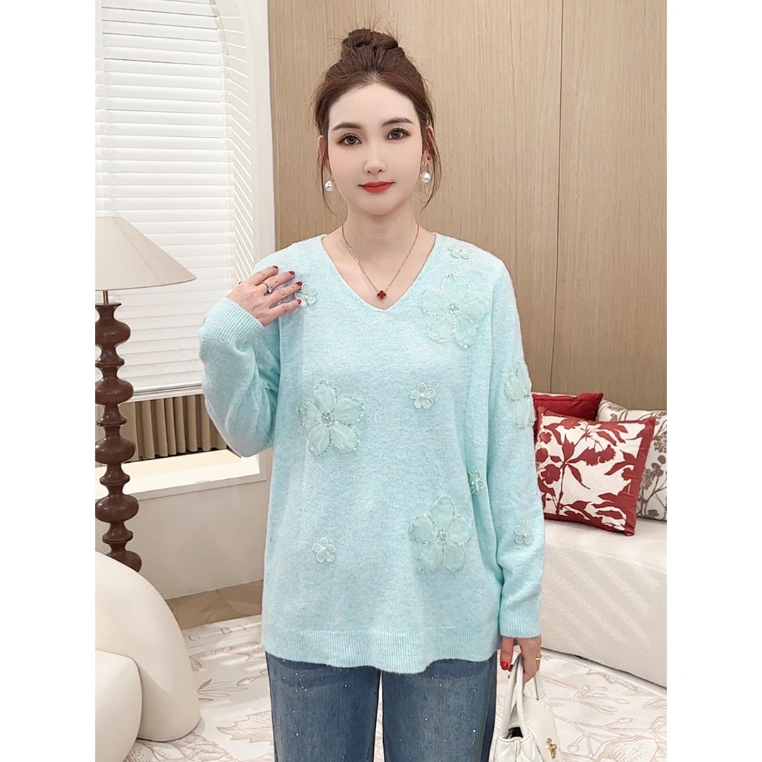 【温柔风韩系毛衣】MsShe大码女装2025新春花朵钉珠宽松S~E2501012