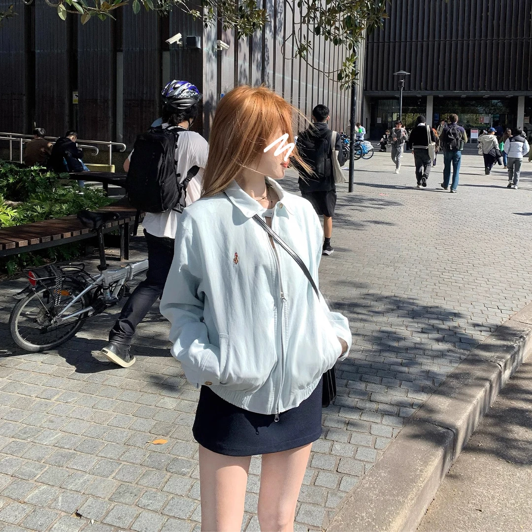 网红爆款轻氧系babyblue苎麻棉RL刺绣慵懒松弛感夹克外套女早秋