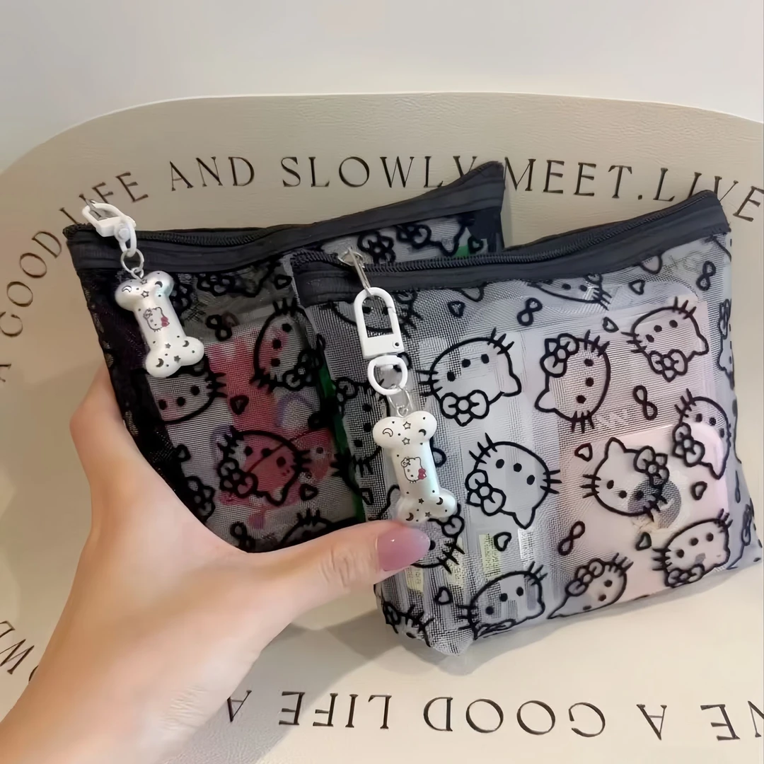 可爱kitty网纱补妆包日用便携外出数据线杂物收纳包便携小手拿包