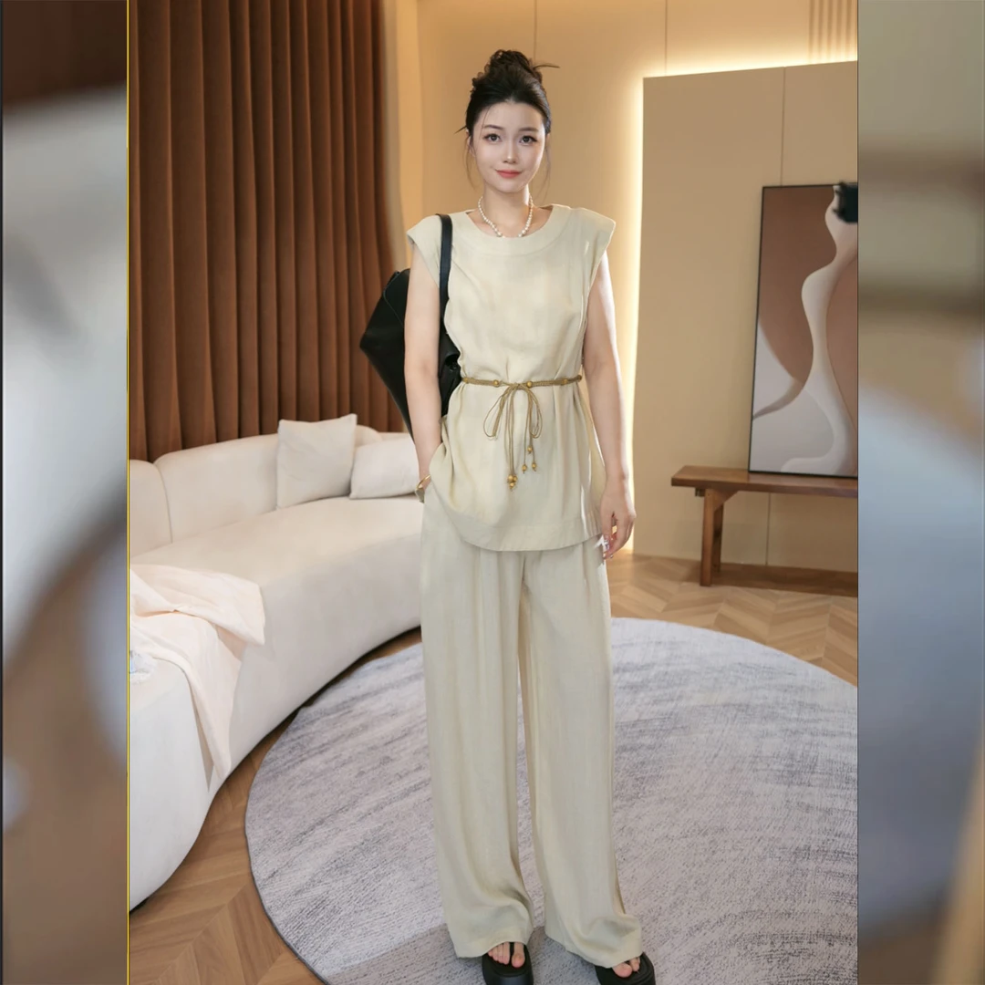 2025夏季新款前后两穿圆领纽扣无袖衬衫直筒裤两件套JMS2521167