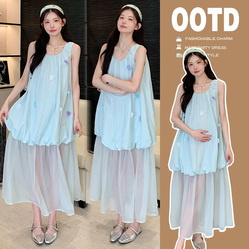 孕妇装夏季2025法式连衣裙洋气花朵背心高级感气质网纱拼接连衣裙