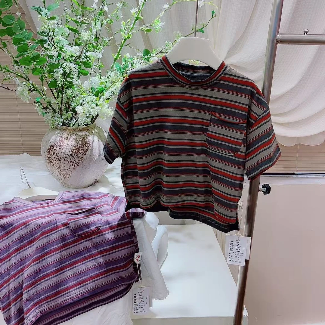 D3-7。907306 圆领口袋短袖时尚韩版印花打底夏季T恤条纹男