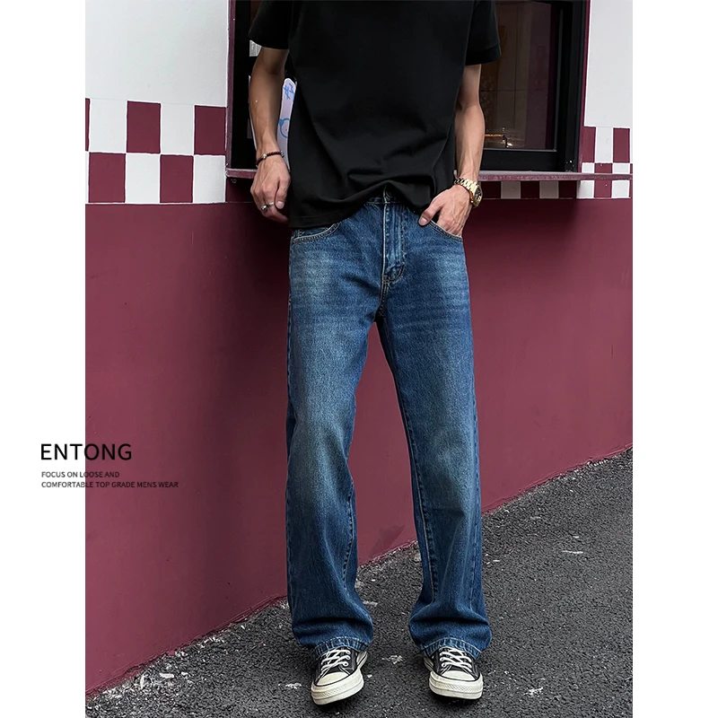 Entong美式高街复古水洗微喇牛仔裤男生显高宽松裤子时尚百搭长裤