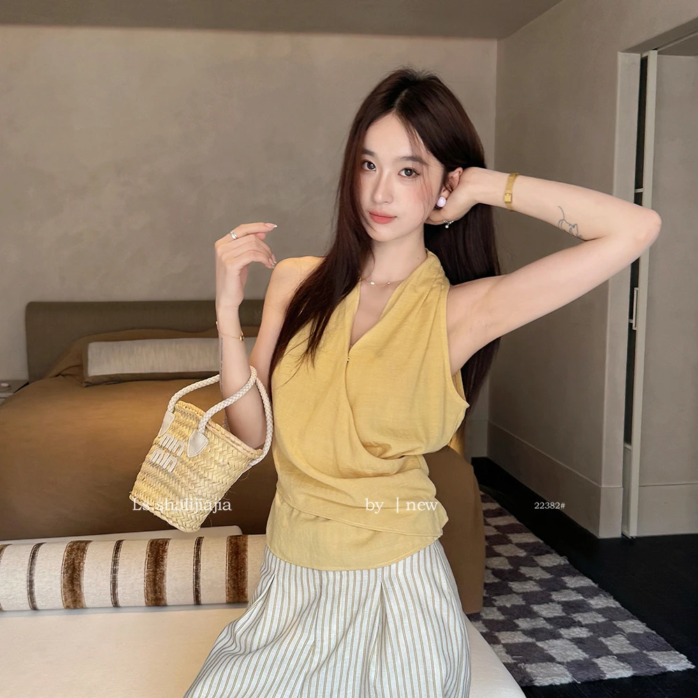 高档 极简时尚纯色v领无袖上衣女 广州十三行2025夏新品女装