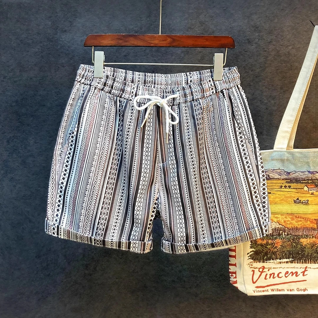 法国Cebrodz条纹四分短裤男2025夏季莱赛尔宽松沙滩运动裤松紧腰