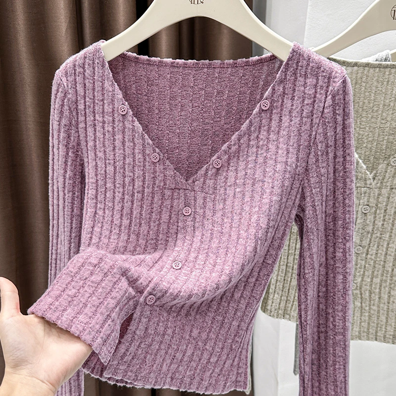紫色磨毛针织衫女长袖秋冬新款超好看v领小衫内搭可外穿气质上衣