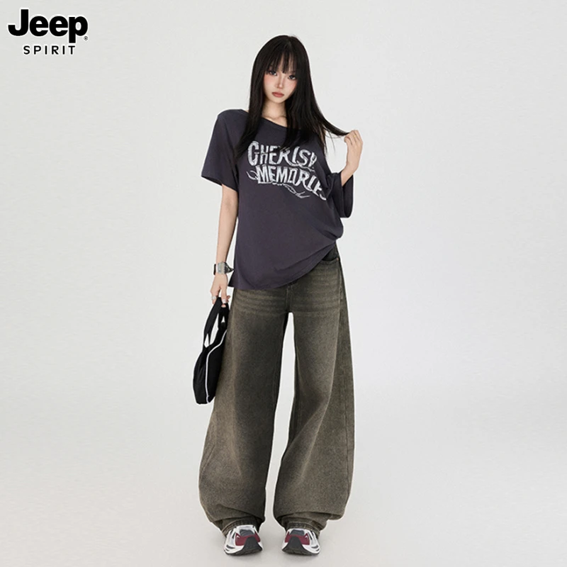 Jeep吉普美式复古阔腿裤女夏百搭直筒宽松显瘦垂感高个子牛仔裤