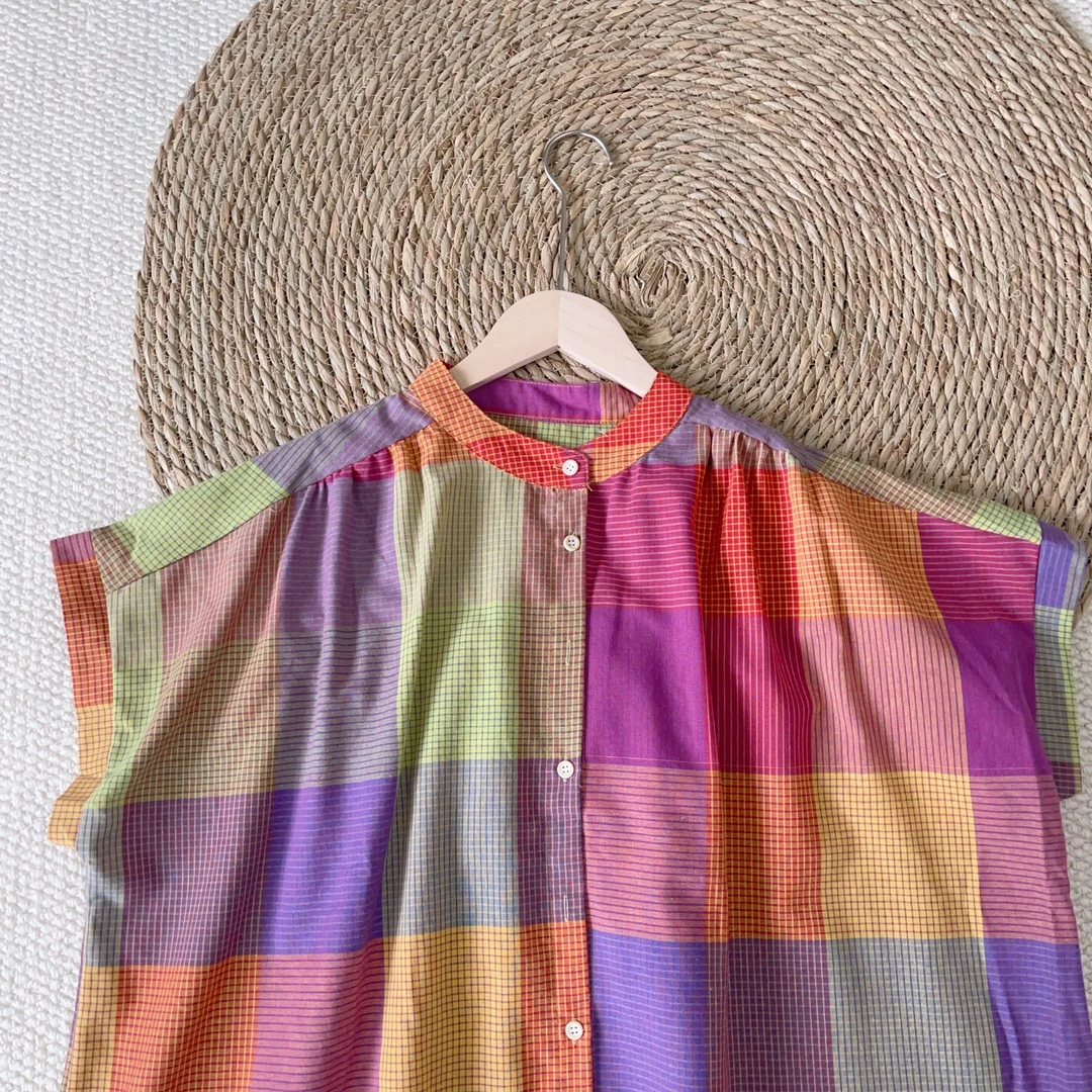 日系文艺复古色织彩色格纹全棉衬衫宽松百搭通勤休闲衬衫