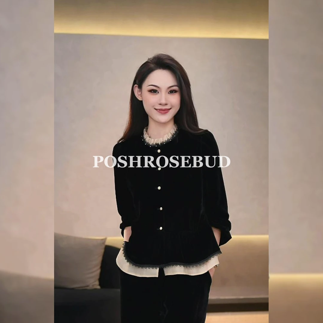 POSHROSEBUD【姣玉】荷叶领钉珠拼接气质丝绒上衣衫-258923