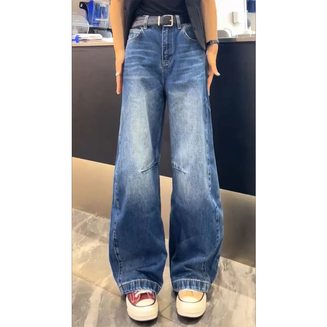 艾塔莉早秋新款高腰做旧痞帅风牛仔裤韩版直筒拖地长裤阔腿裤显瘦