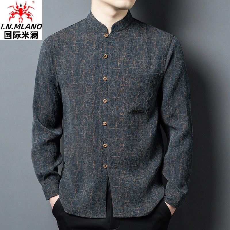 真丝香云纱唐装男100%桑蚕丝衬衫男士长袖新中式中国风高档男装潮