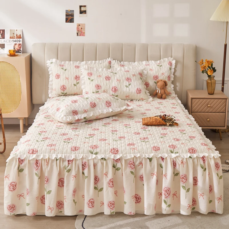 不老的爷爷2025新款小竹棉印花夹棉床笠式床裙单件加厚浪漫小清新