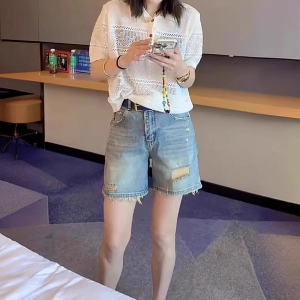 浅蓝色百搭高腰显瘦牛仔短裤女夏季微胖大码宽松阔腿破洞a字热裤