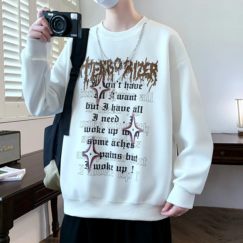 字母印花卫衣长袖男款秋季港风宽松圆领卫衣青少年学院风套头卫衣