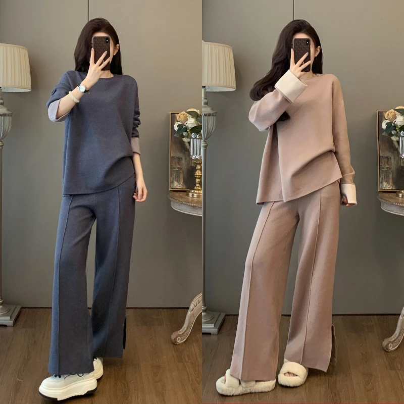 套装春秋阔腿裤时尚休闲宽松秋冬长袖外穿秋装秋季针织网红显瘦76