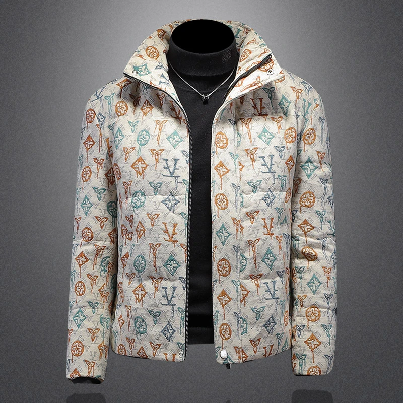 JJL冬季新款印花羽绒服男装花色外套加厚潮流男士白鸭绒保暖欧货