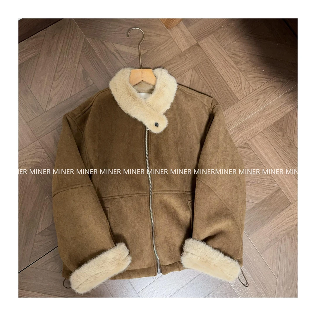 【敏儿家】麂皮绒毛毛加厚加绒保暖短款立领外套冬季#358174