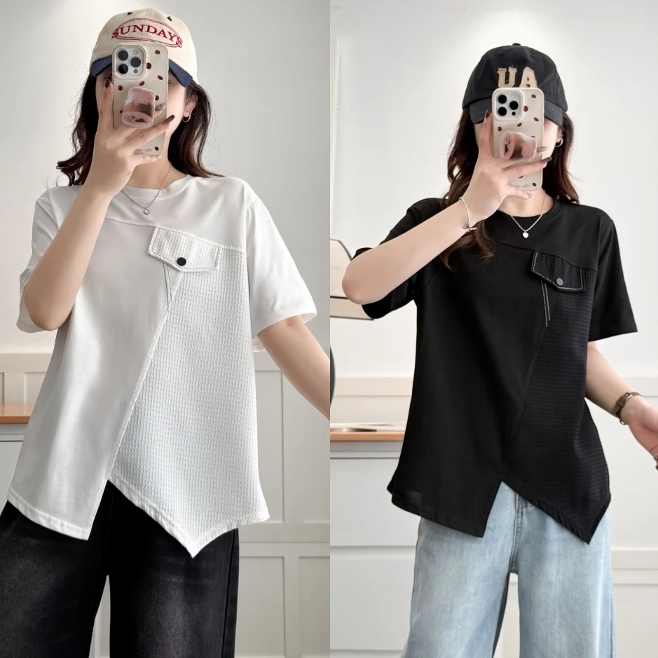 梦冬佳--110-200斤大码女装胖mm夏季百搭显瘦圆领不规则短袖T恤