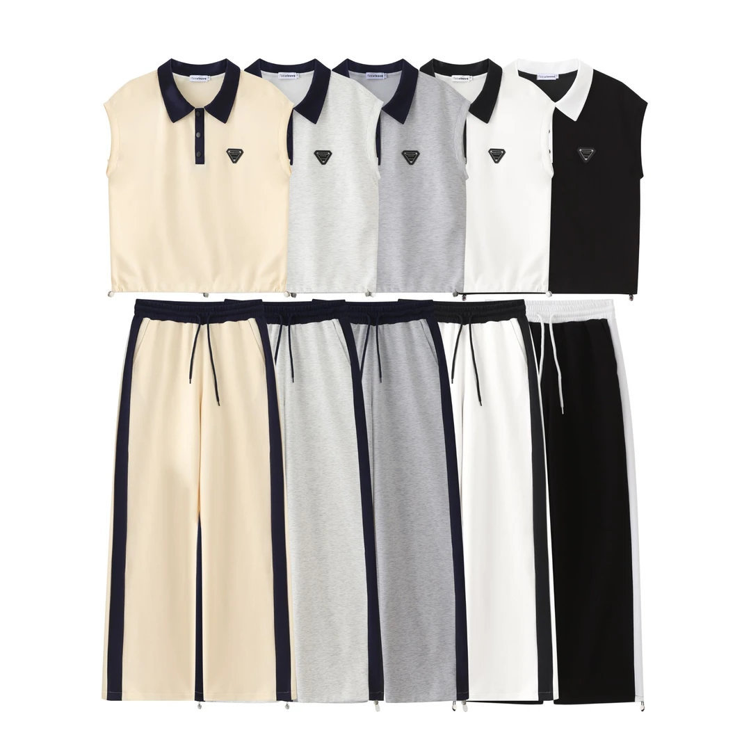 套装两件套抽绳款拼接撞色设计师款夏款套装短袖上衣直筒裤X25016