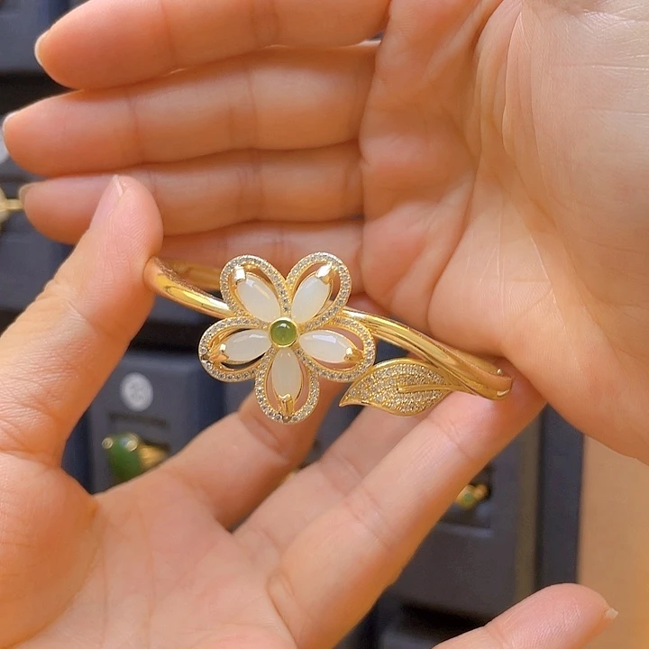 和田玉手镯银S925镀金镶嵌