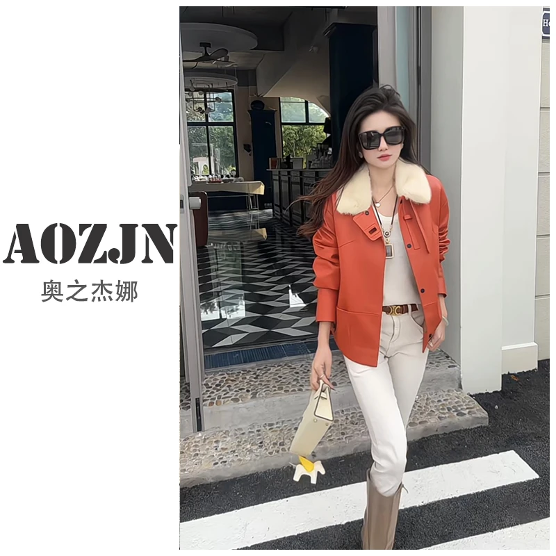 AOZJN/奥之杰娜【冬之热烈】爱马橙真皮皮衣女外套水貂毛领保暖外套