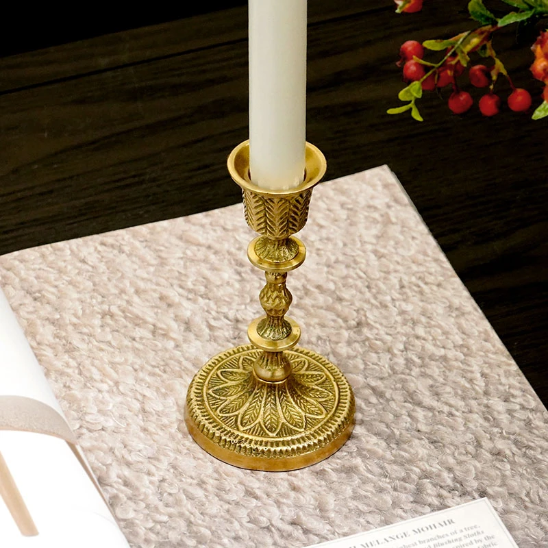印度进口欧式美式复古雕花黄铜烛台单支蜡台浪漫拍摄道具装饰摆件