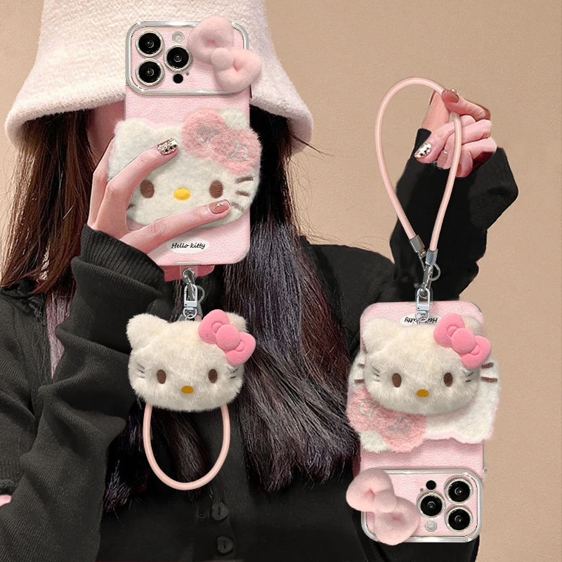 KT猫毛绒公仔挂绳适用16大视窗手机壳15PRO电镀贴皮14/13可爱挂件